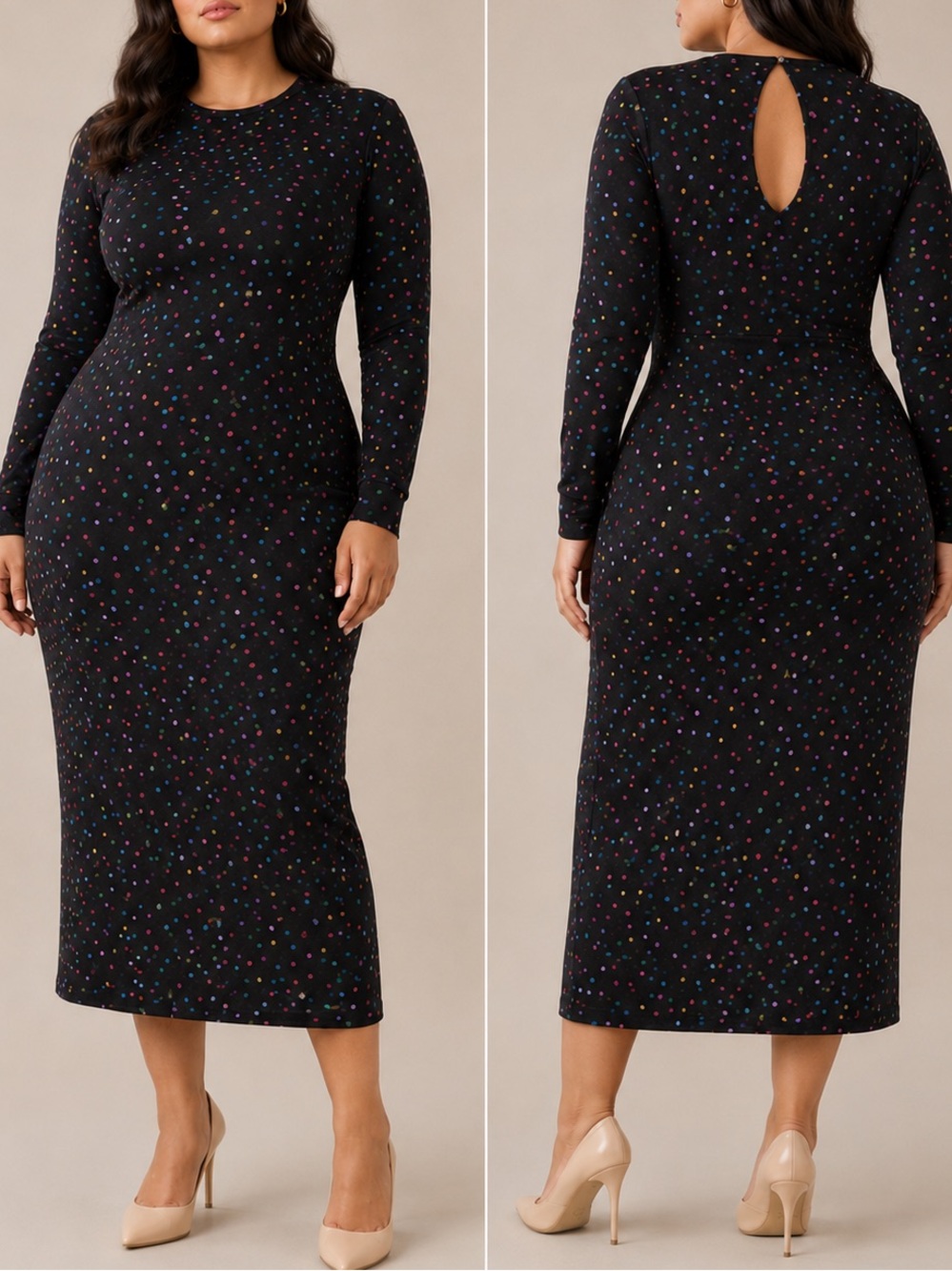 Dancing Leopard Dove Black Abstract Print Long Sleeve Bodycon Stretch Midi Dress